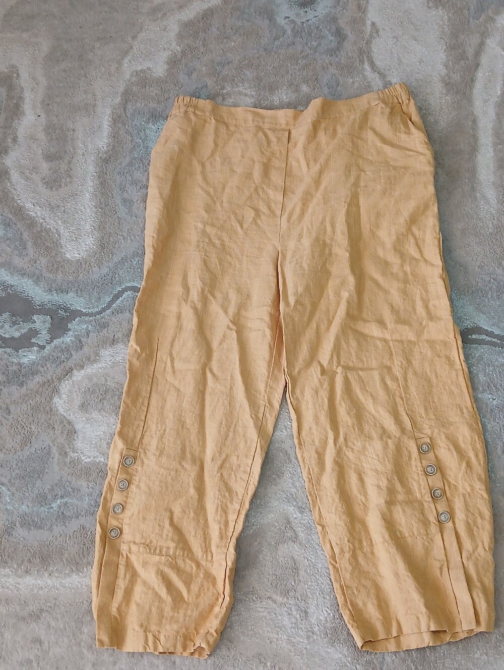 Lisa Bayne Striped Light Mustard Linen Barel Leg Button Hem Pants